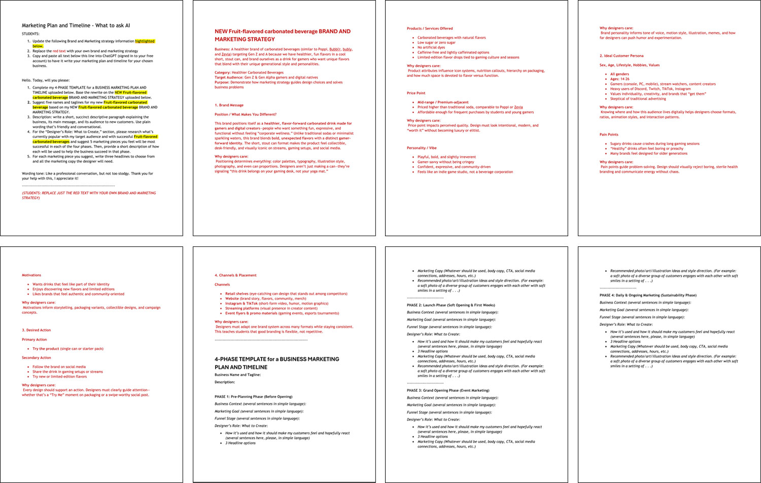 Image showing the contents of a word document students will fill out with their own information to use as a prompt for AI to write a Marketing Plan and TImeline.