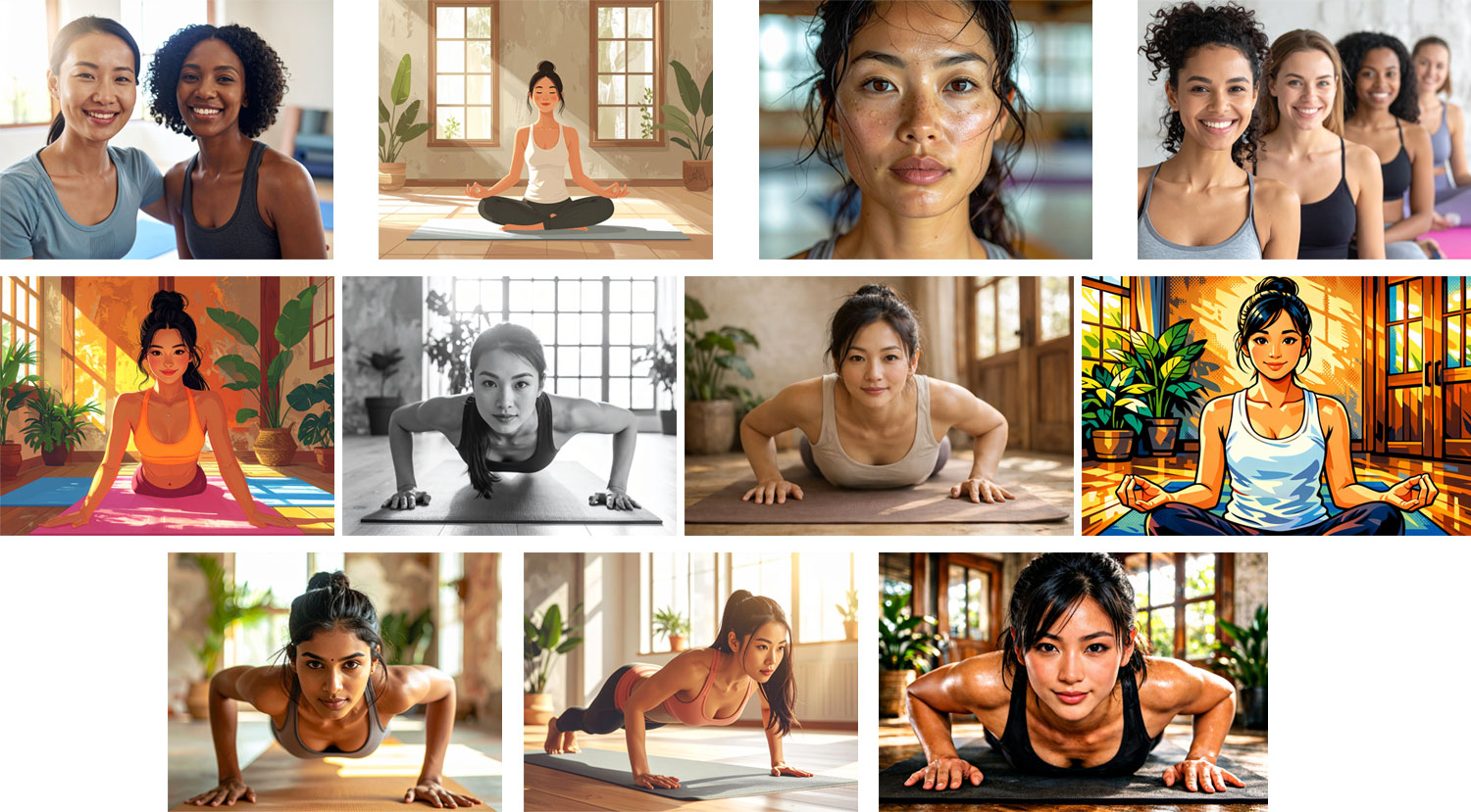 A group of photos showing different ways to represent a yoga studio depending on the target audience.