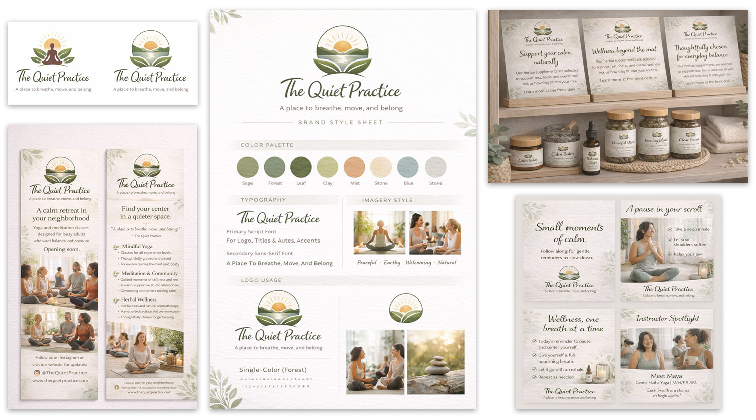 Design examples generated by AI for a yoga studio to show graphic design students what a specific prompt might generate.