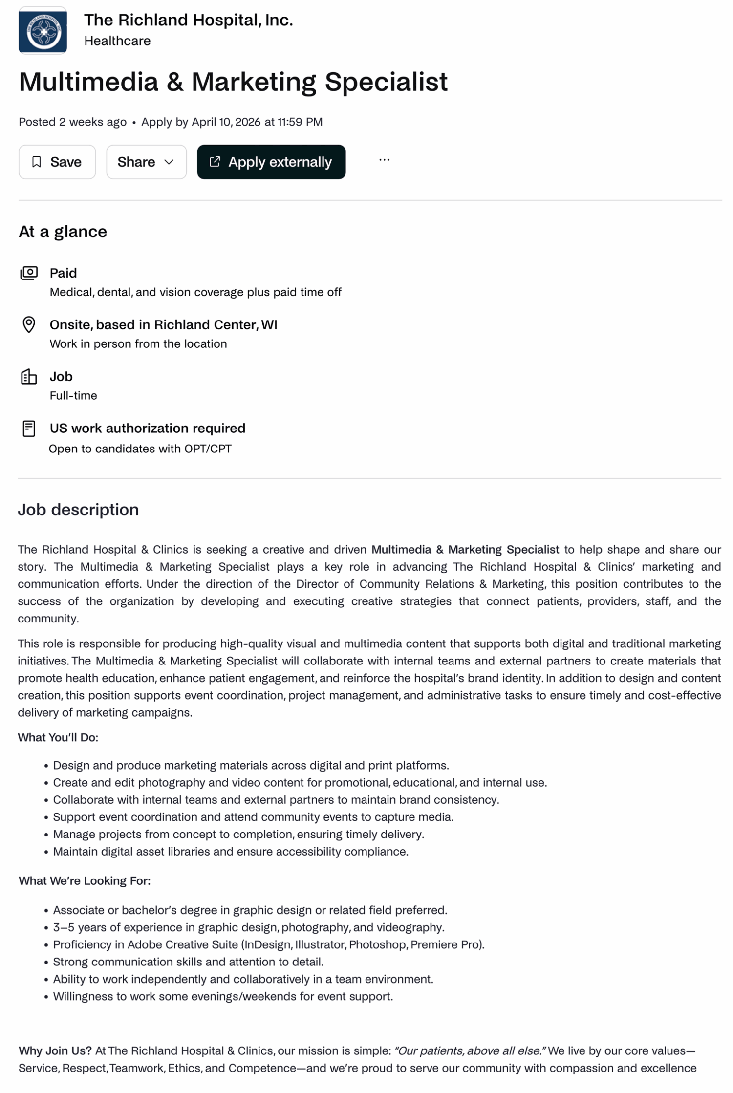 Screen capture of a job posting for graphic designers with marketing.