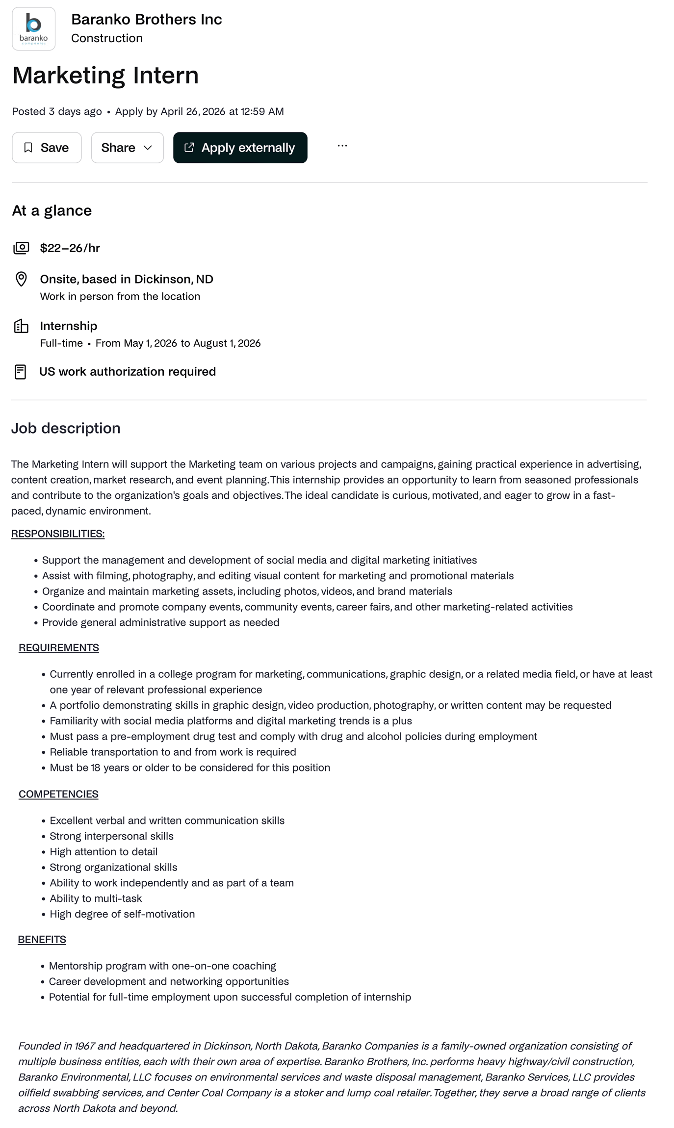 Screen capture of a job posting for graphic designers with marketing.