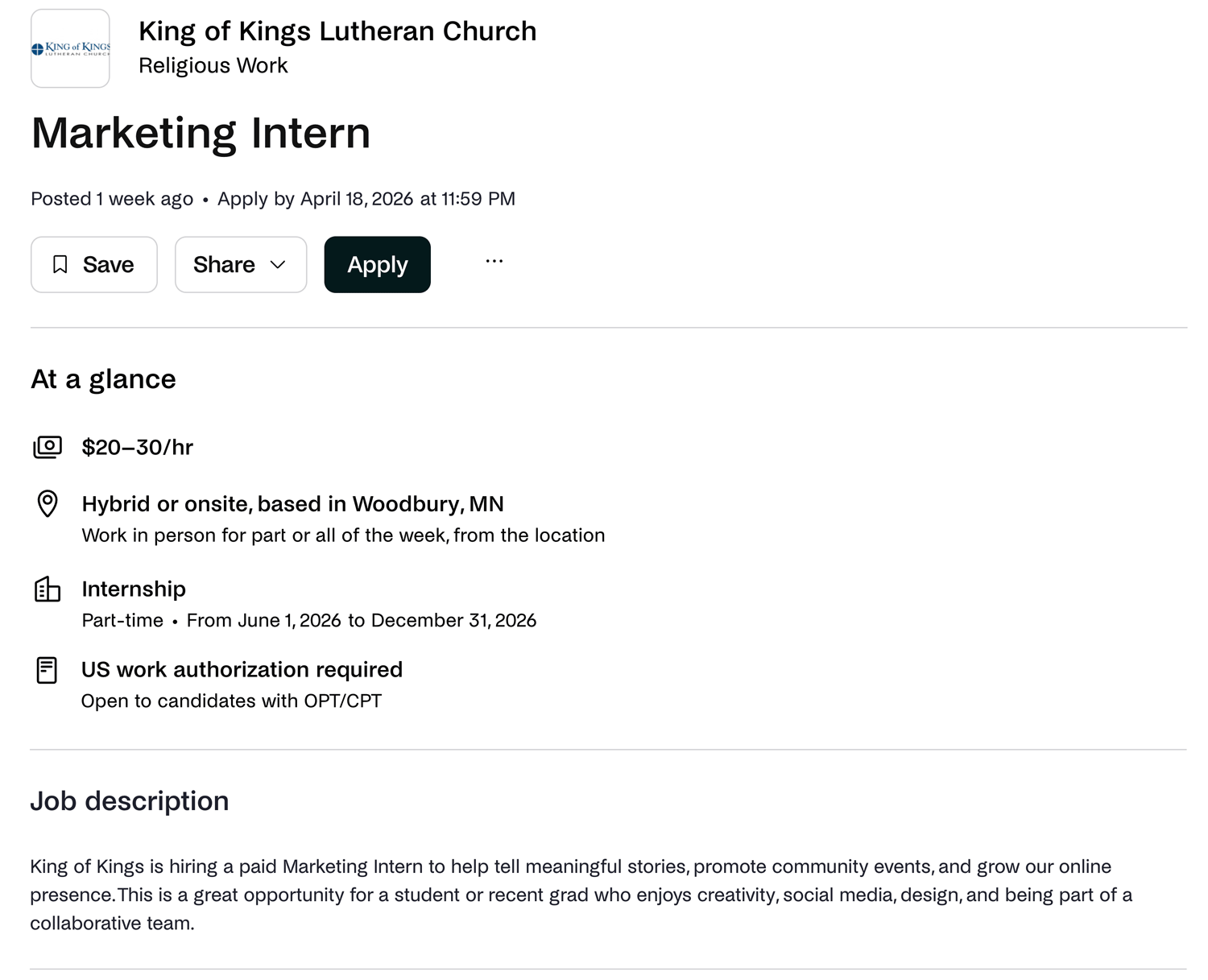 Screen capture of a job posting for graphic designers with marketing.