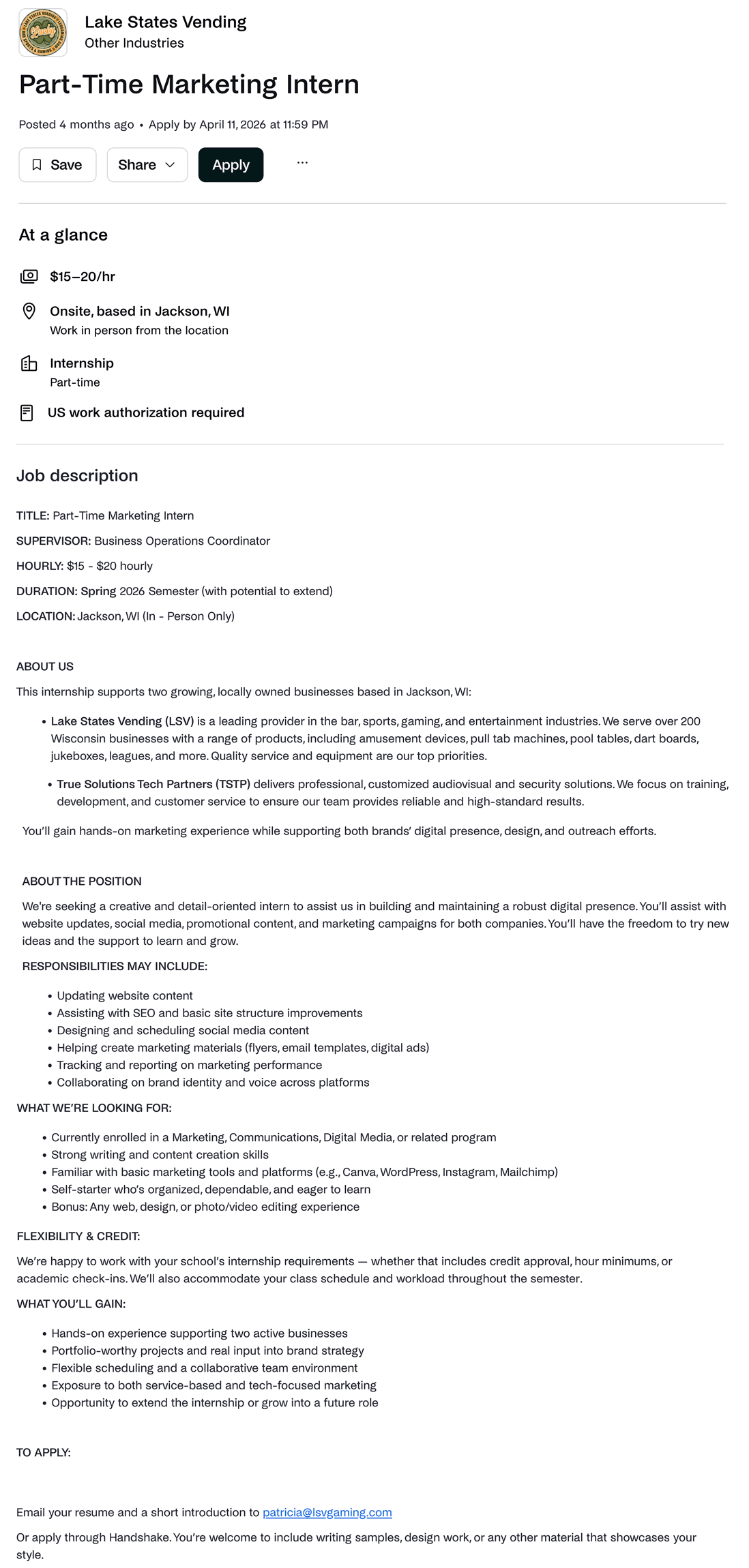 Screen capture of a job posting for graphic designers with marketing.