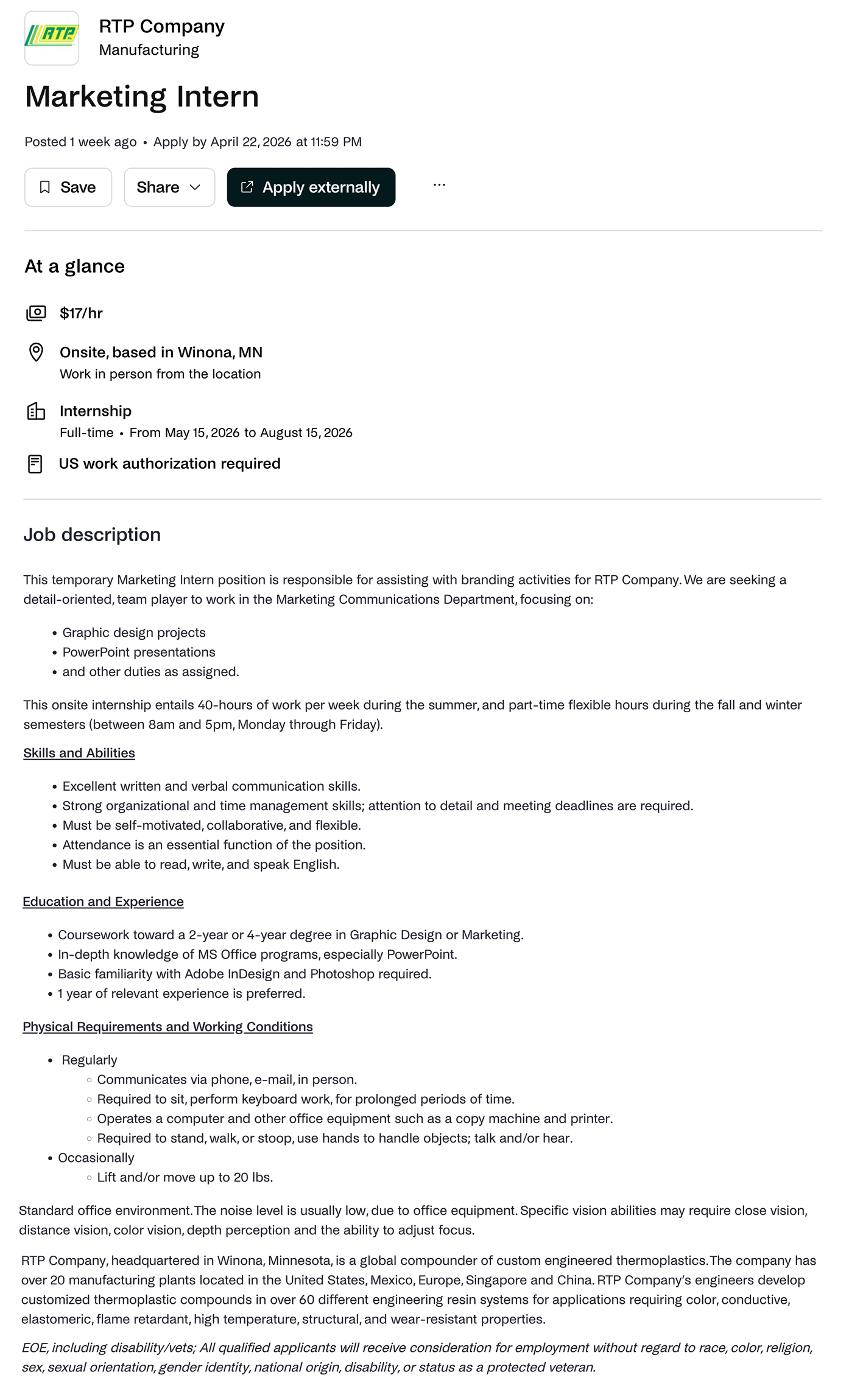 Screen capture of a job posting for graphic designers with marketing.