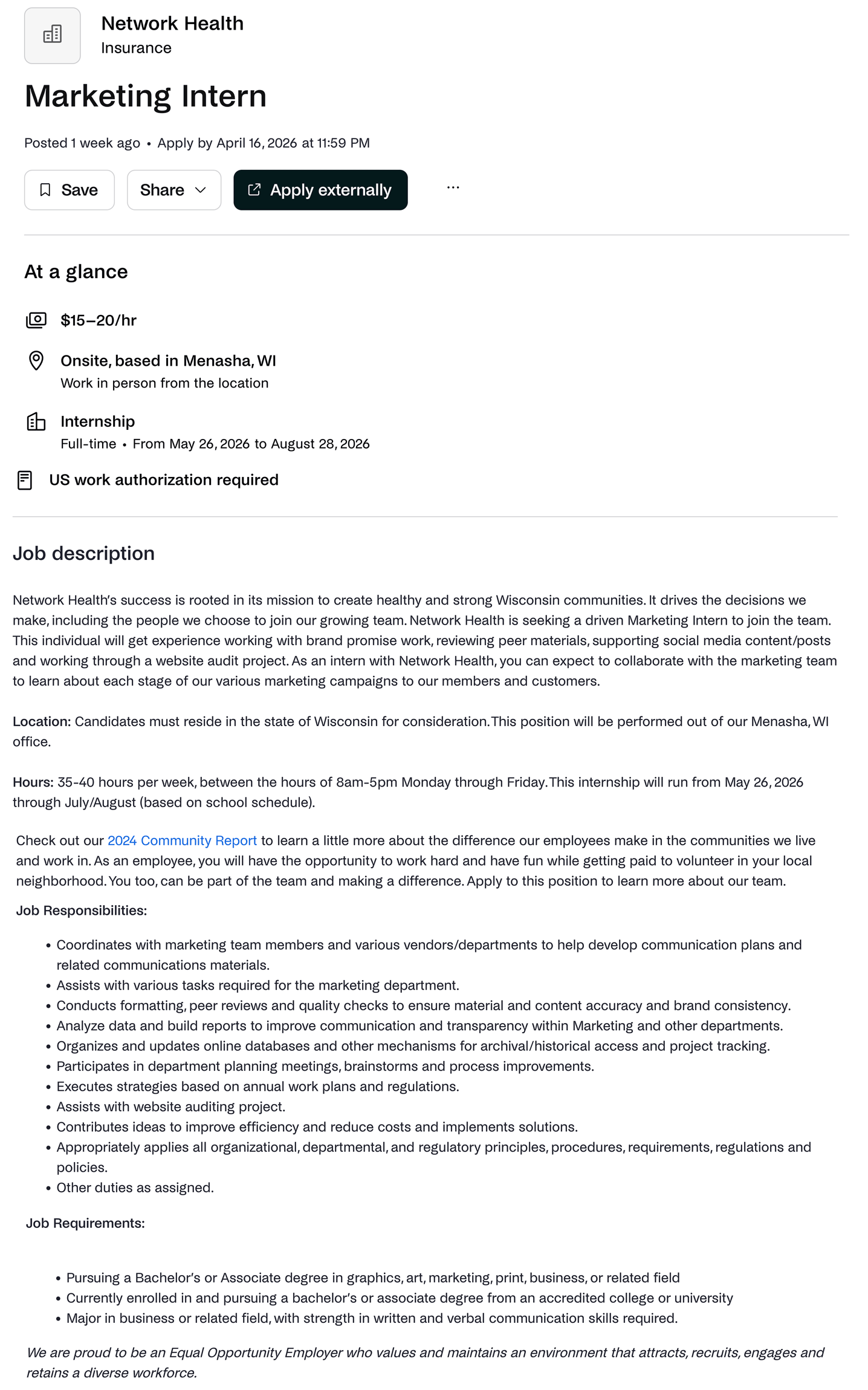 Screen capture of a job posting for graphic designers with marketing.