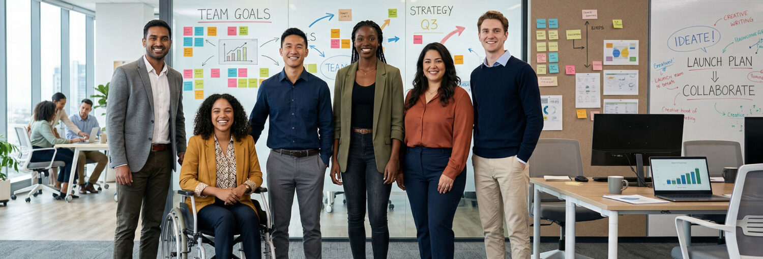 A photo of a young team of business professionals standing together in an office space.