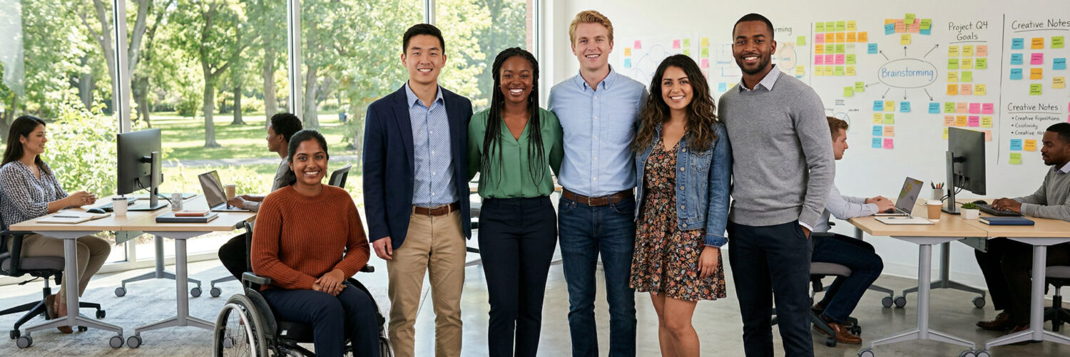 A photo of a young team of business professionals standing together in an office space.