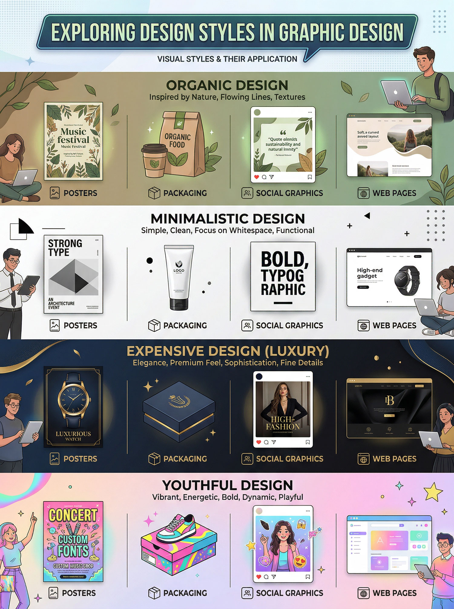 Infographic showing students the various types of design styles they might choose to use.