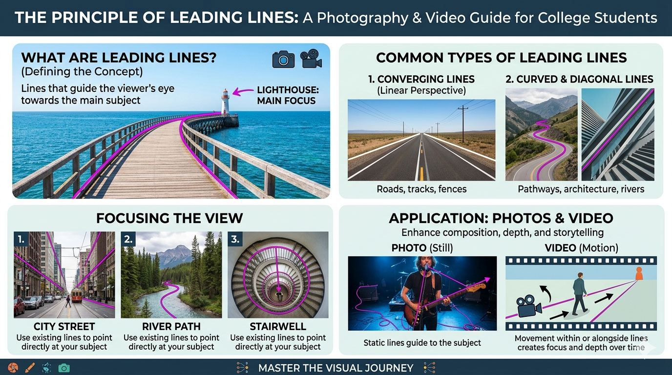 Infographic showing how leading lines can be used to lead the viewer's eye to a specific focal point.