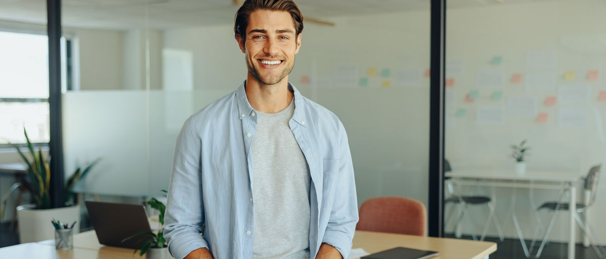 Man standing in the lobby of a marketing agency.