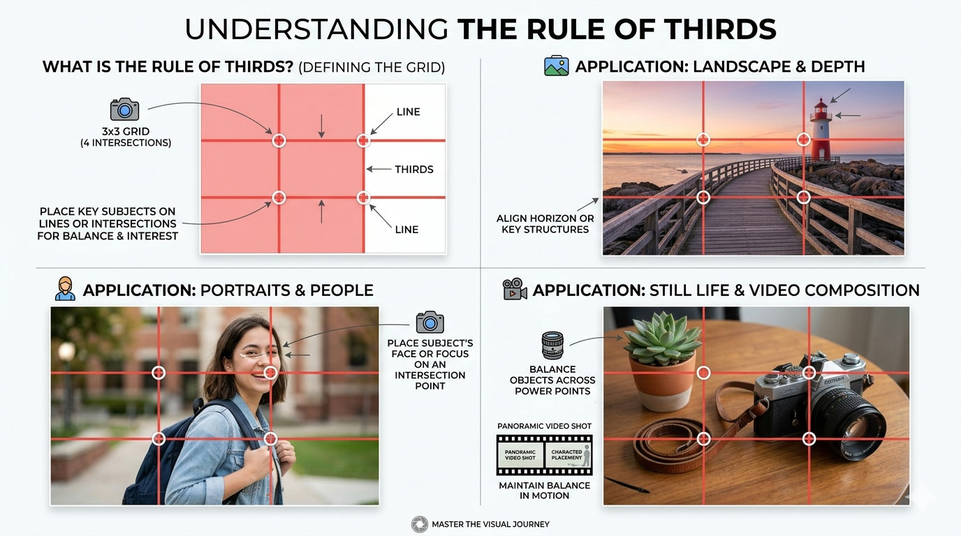 Infographic showing the rule of thirds and how photographers can use it effectively.
