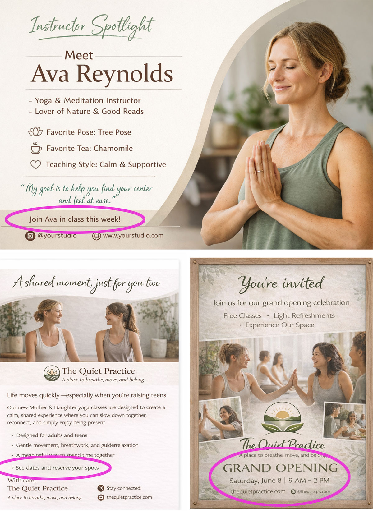 Marketing material examples showing what a call-to-action looks like.