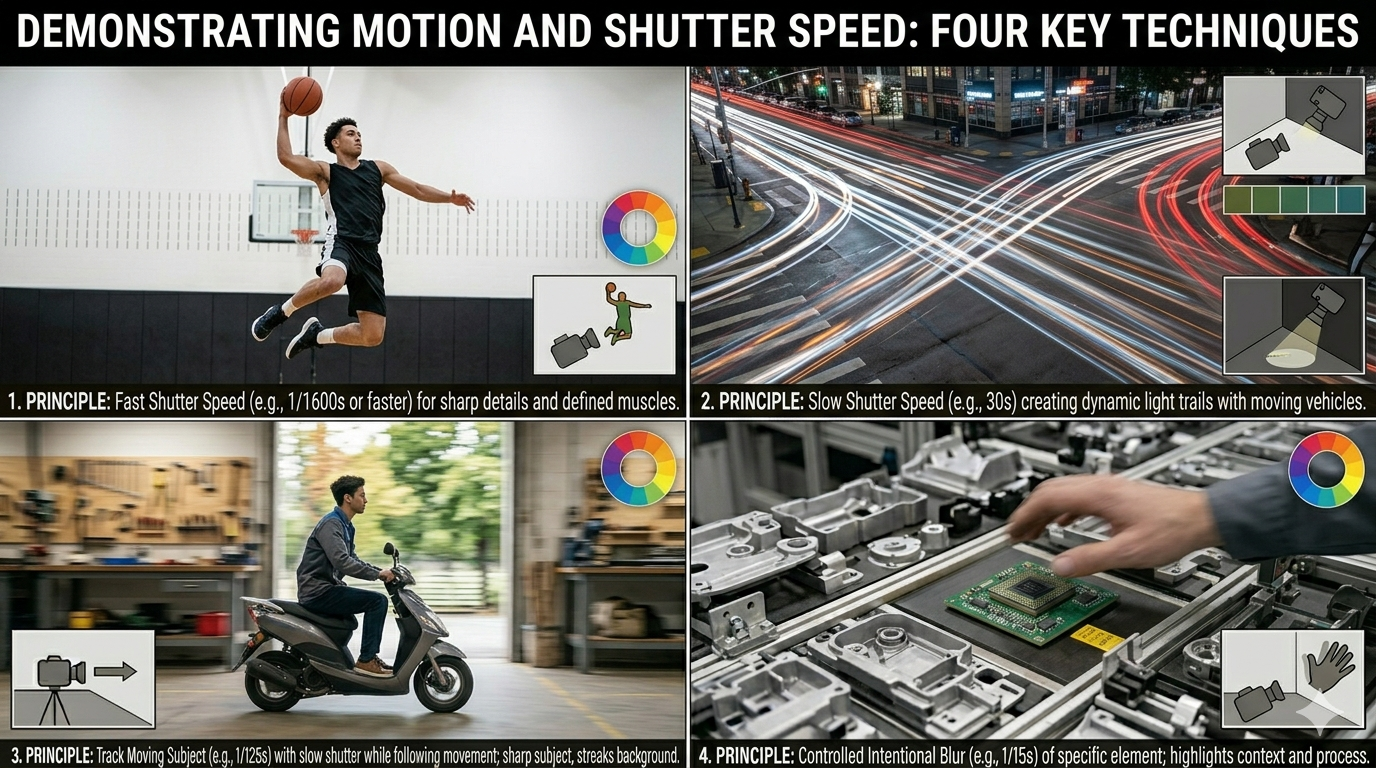 Visual showing the principles of photography and video motion and shutter speed.