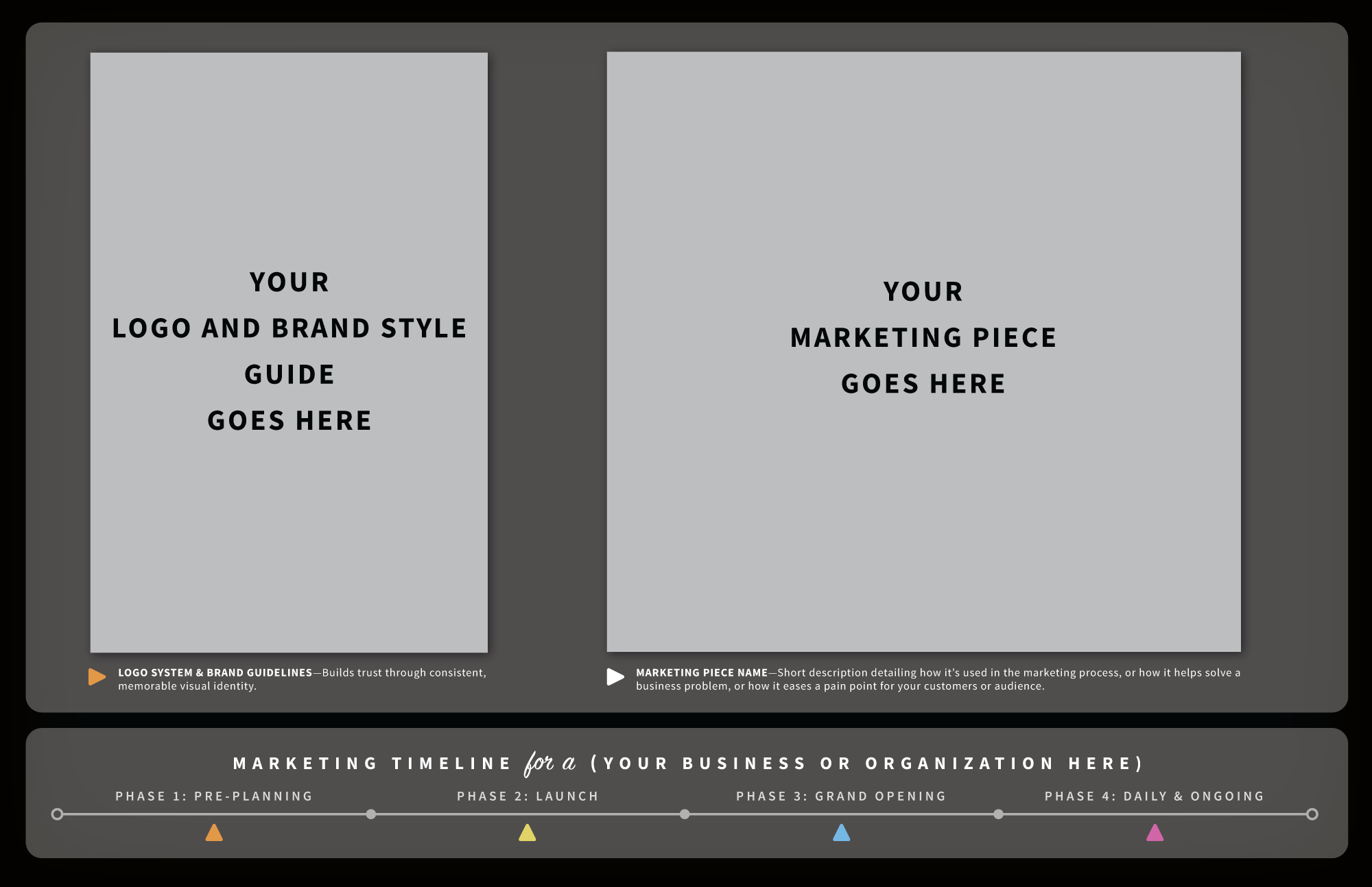Example of a portfolio page showing graphic design students how to layout several marketing pieces on one page to show an employer.