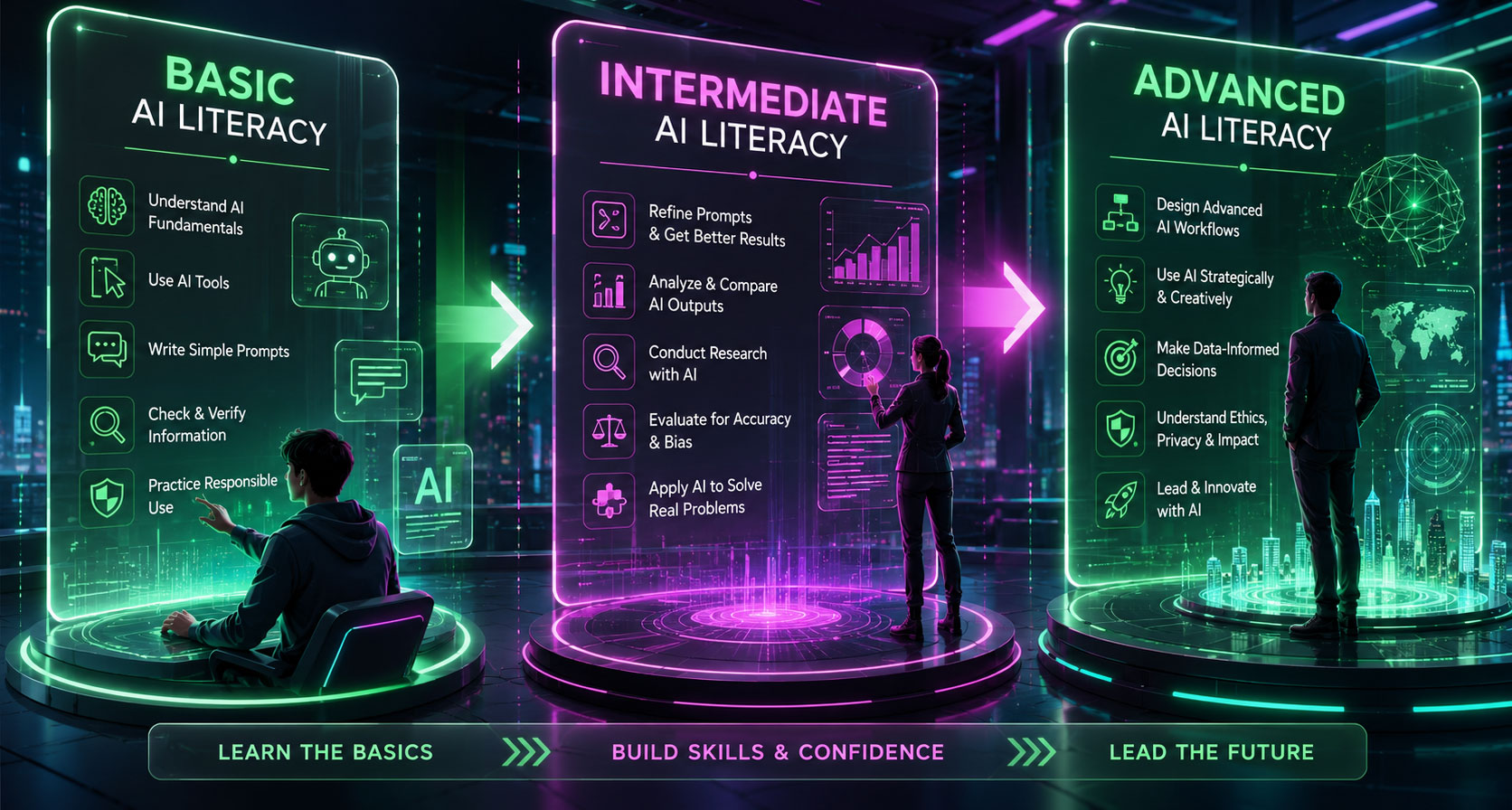 Infographic visual showing the three levels of AI literacy; Basic, Intermediate, and Advanced.