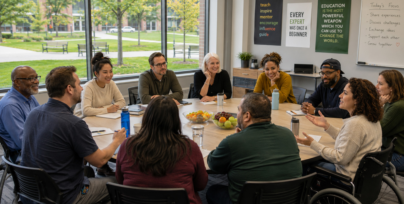 A group of teachers in a community of practice meeting sitting around a table and sharing knowledge.