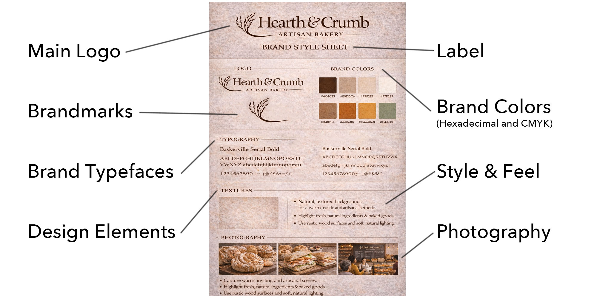 A visual showing students what to include on their brand guidelines page.