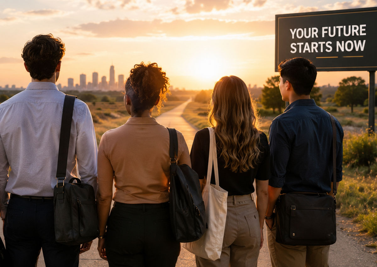 Several young business students looking down a path that symbolizes their future.