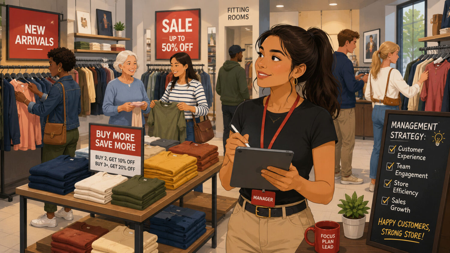 Illustration of a retail store manager contemplating her next strategy in the middle of the store.