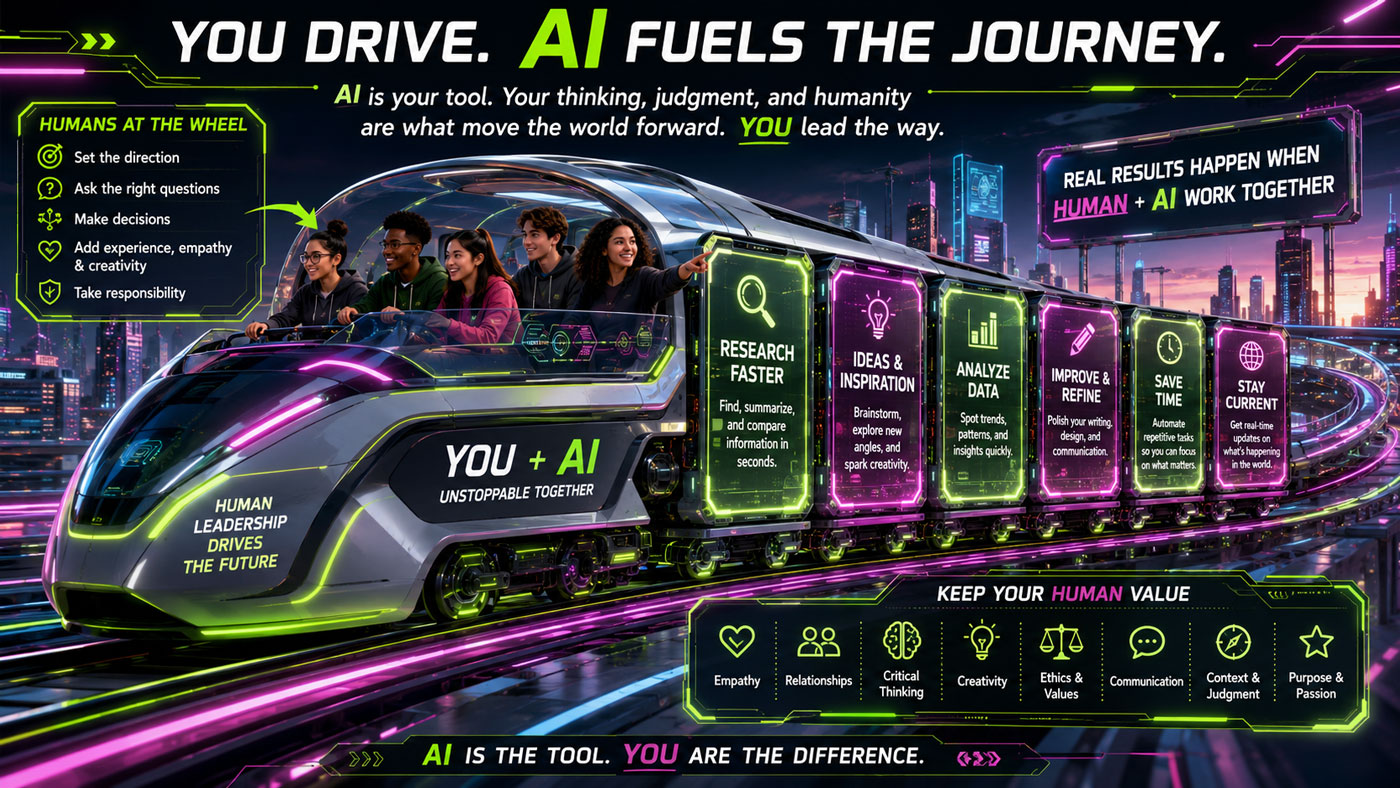 Students riding and driving a futuristic rail tram with benefits of using AI written as signs on the boxcars.