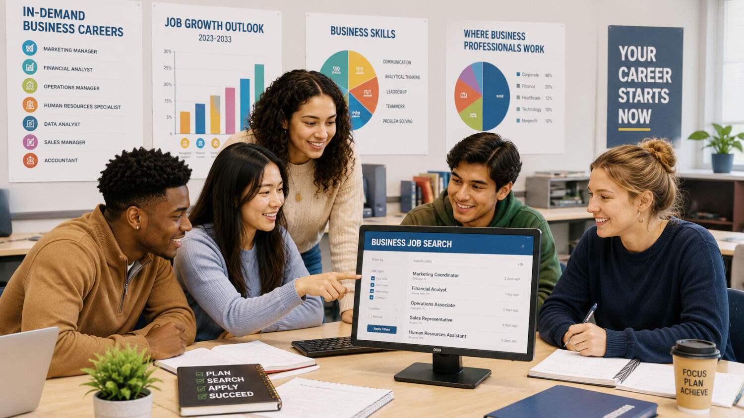 A group of business students working together to research jobs.