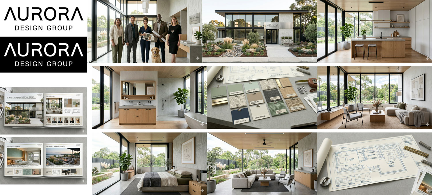 Photo compilation showing the design assets for the Aurora Design Group, an interior design agency.