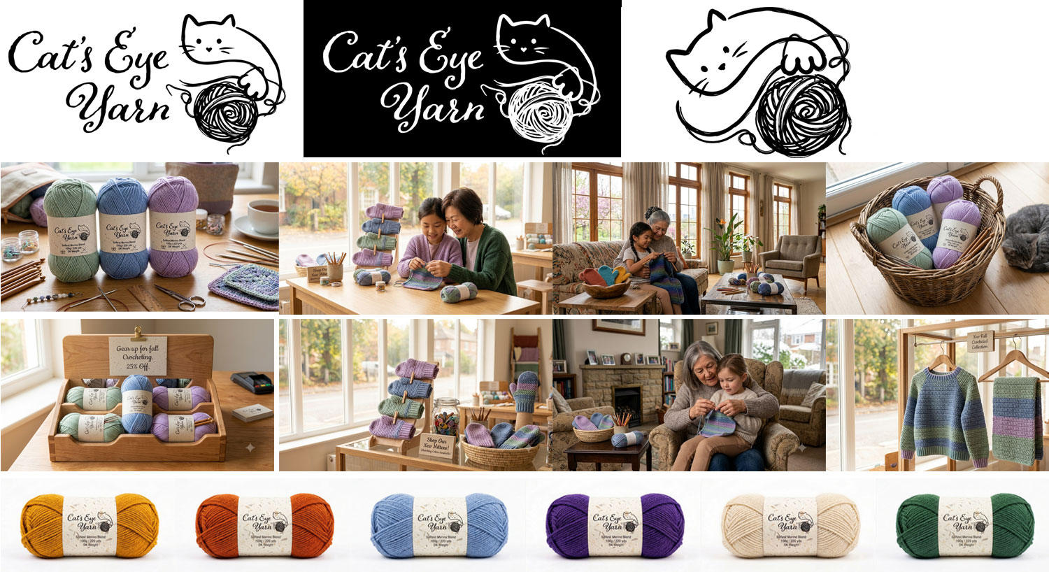 Photo compilation showing the design assets and photos for Cat's Eye Yarn company.
