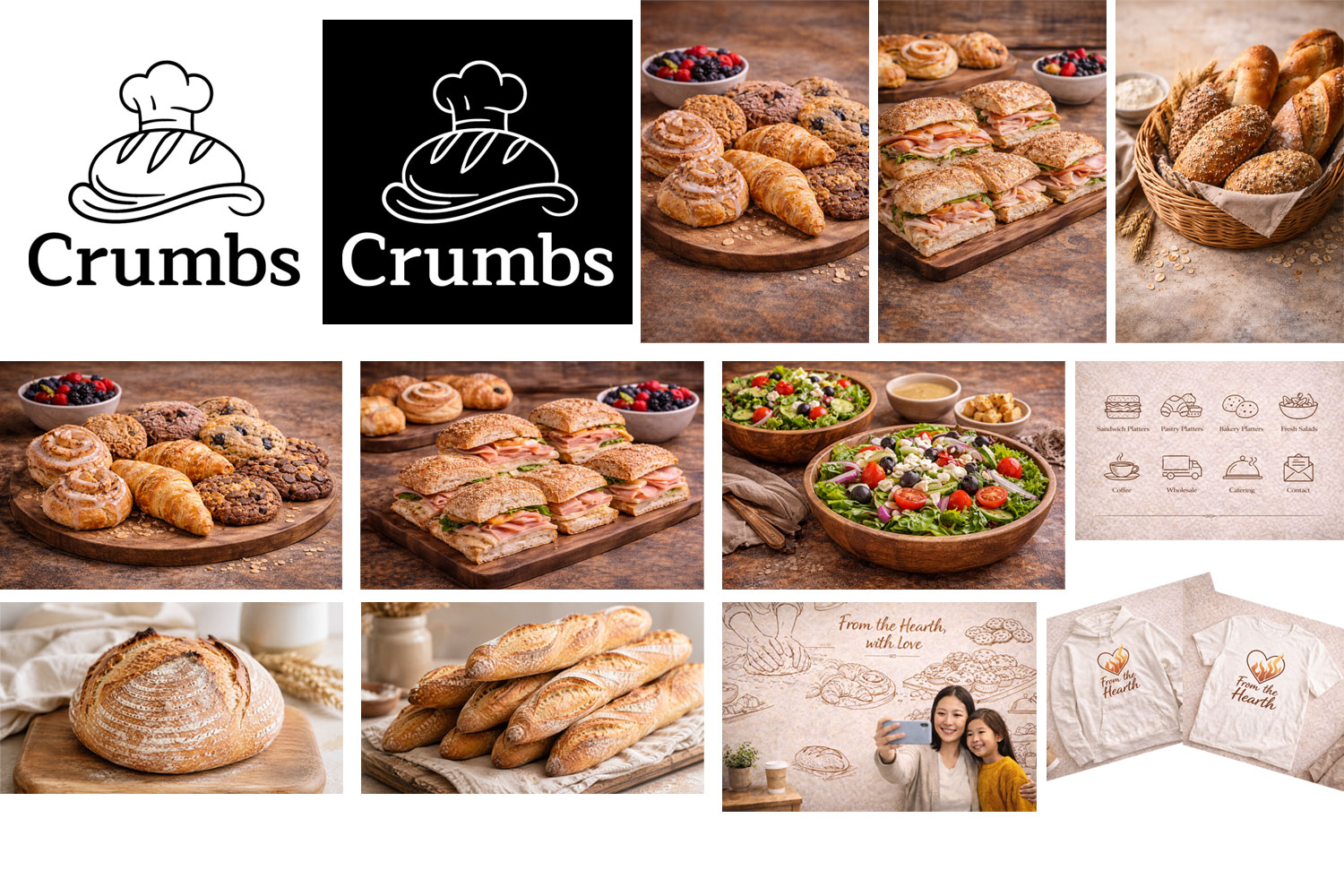 Photo compilation showing the design assets and photos for Crumbs Bakery.