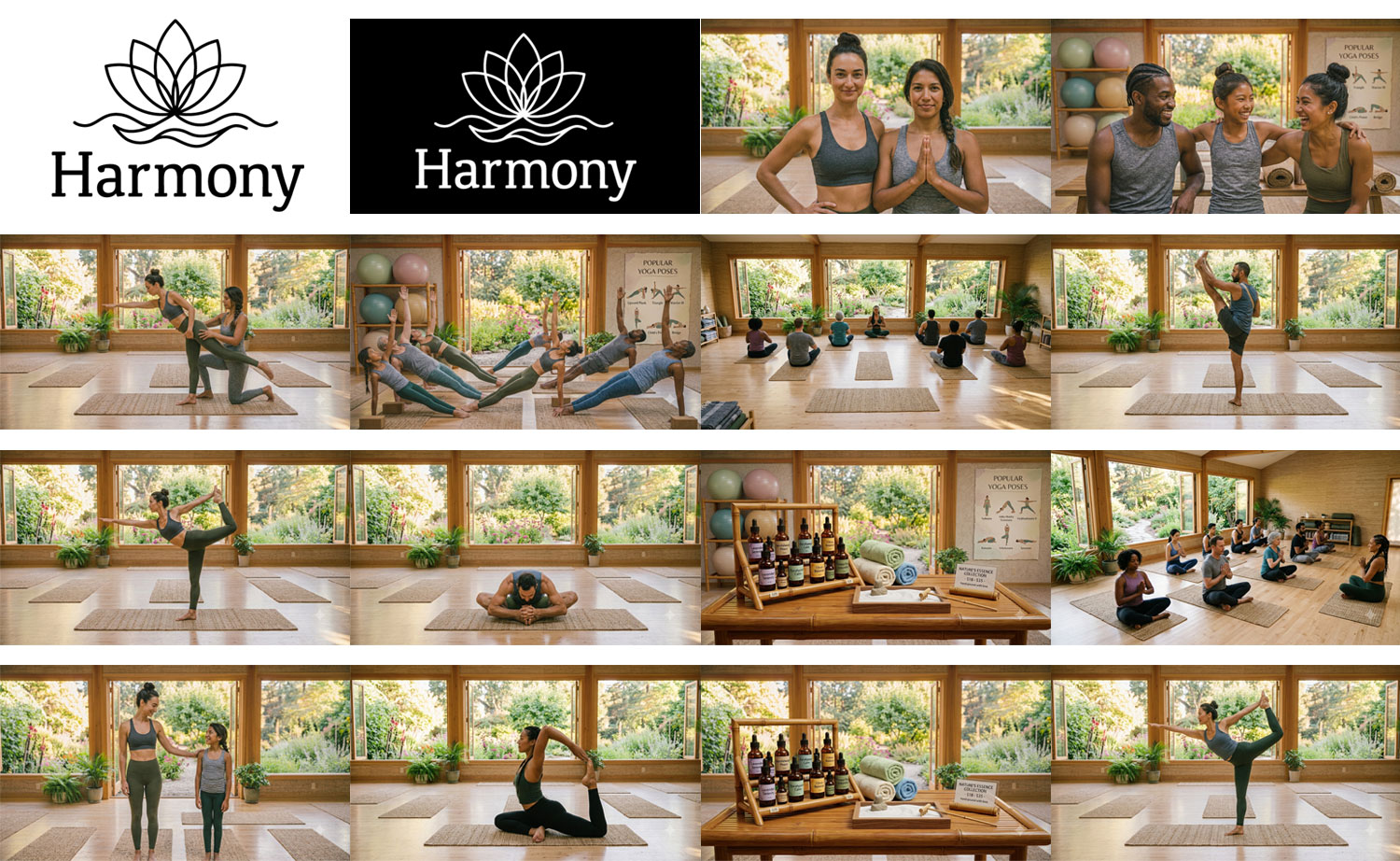 Photo compilation showing the design assets and photos for Harmony Yoga Studio.