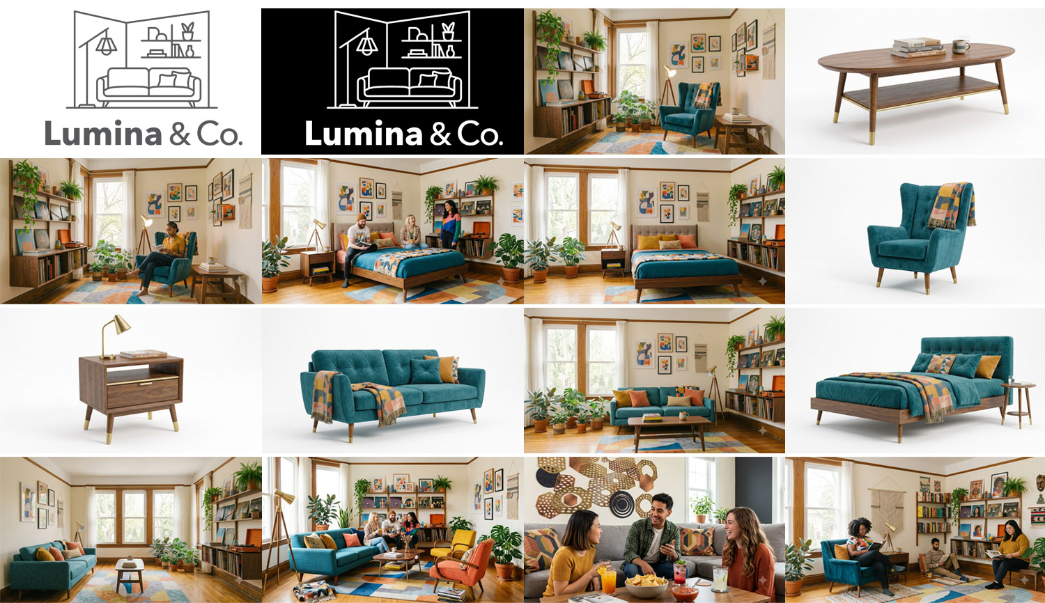 Photo compilation showing the design assets and photos for the furniture store Lumina & Co.