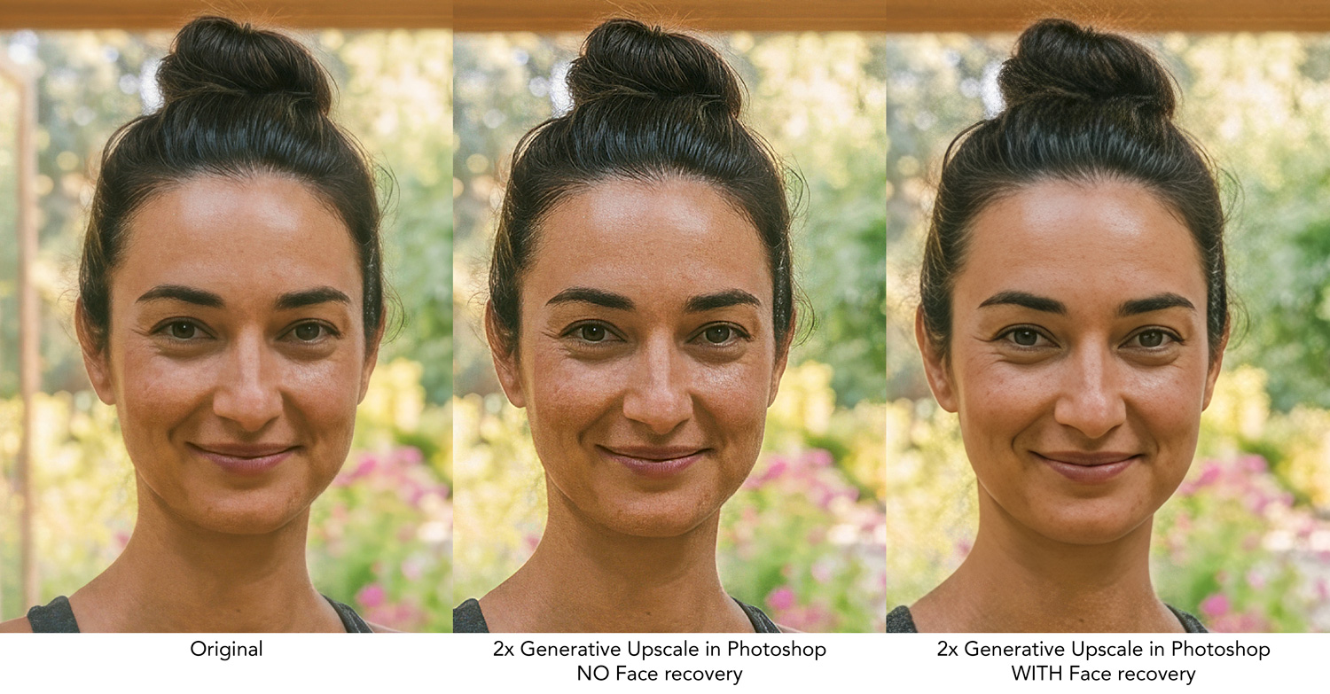 Example of three faces showing different AI generative upscaling results in Photoshop.