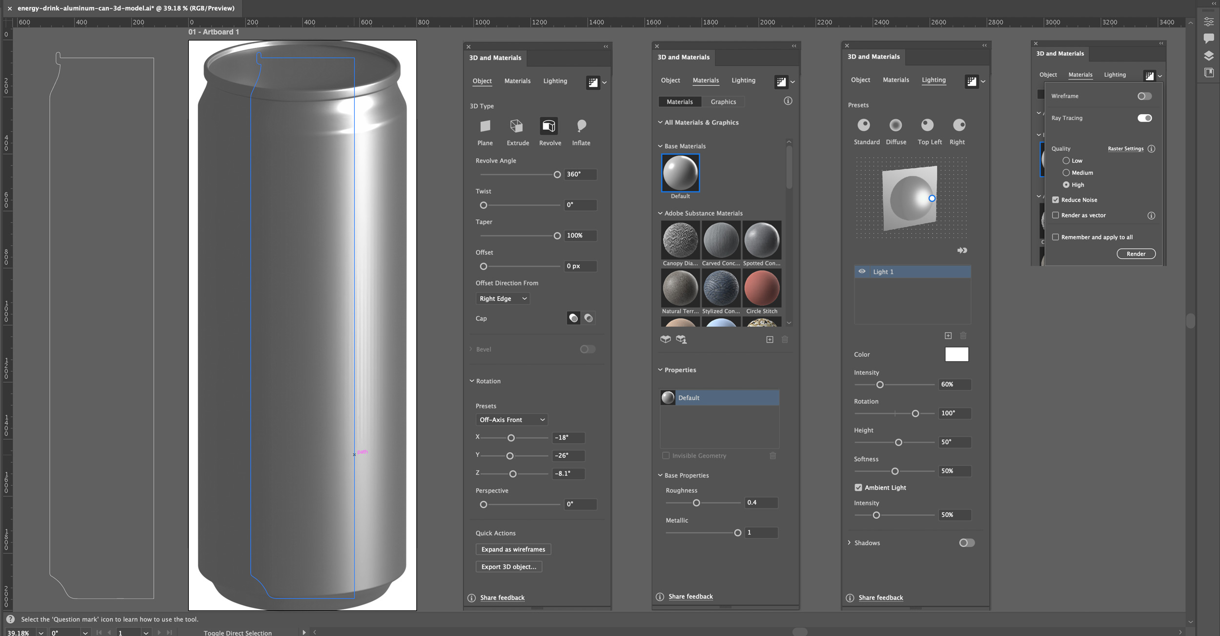 Visual showing how to make a 3D can object in Illustrator.