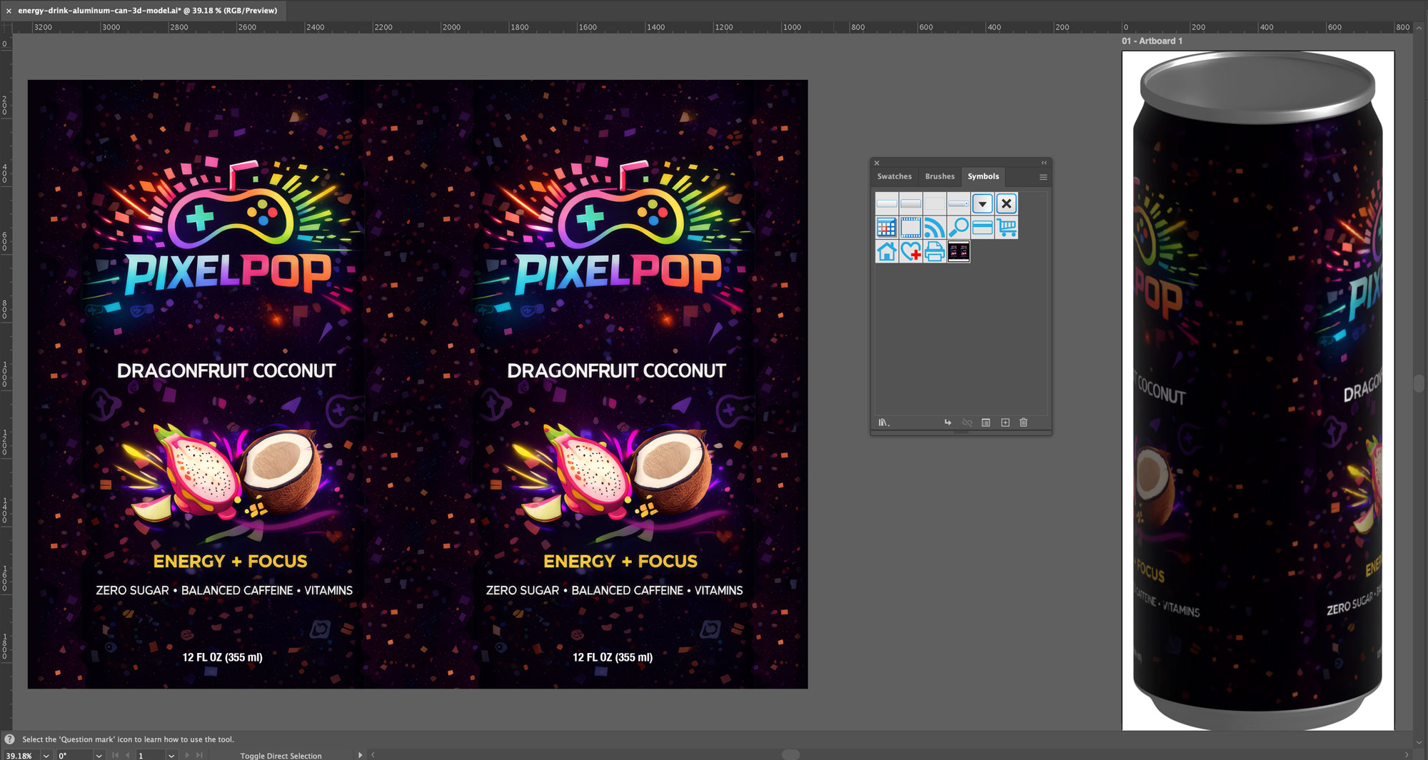 Visual showing the full wrap can design and how to make a symbol in Illustrator.