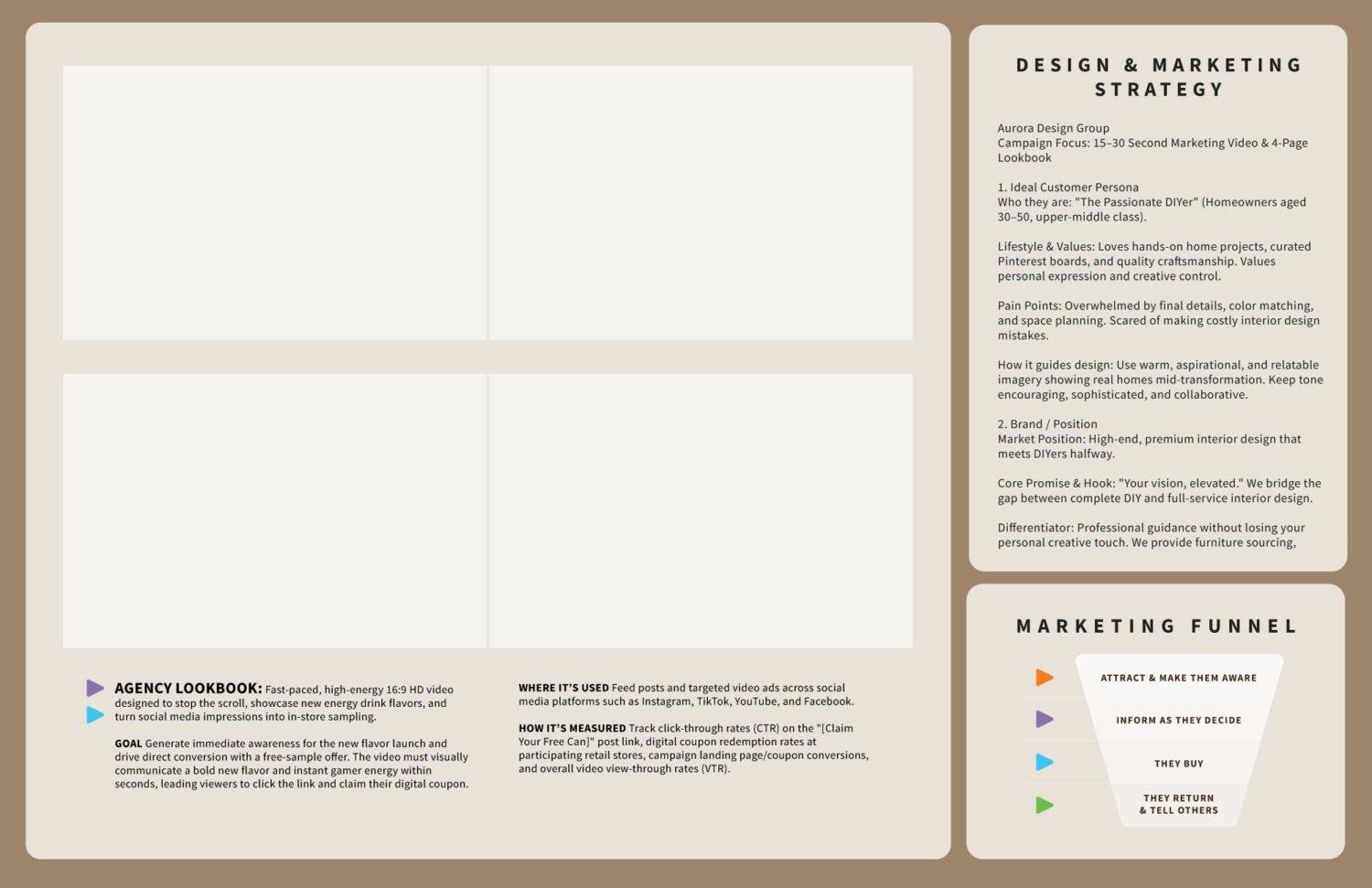 Example of a 2-page portfolio spread for an interior design agency and all the marketing material designed for it.