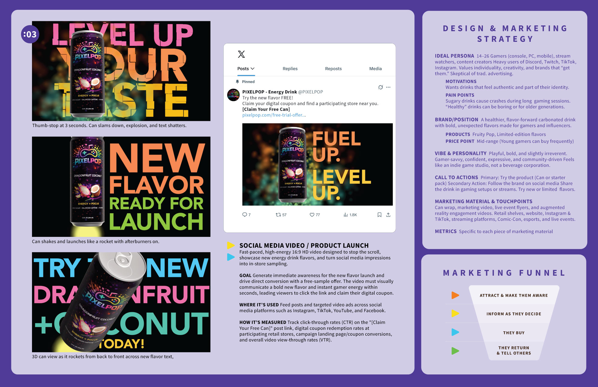 Example of a 2-page portfolio spread for PIXELPOP beverages and all the marketing material designed for it.