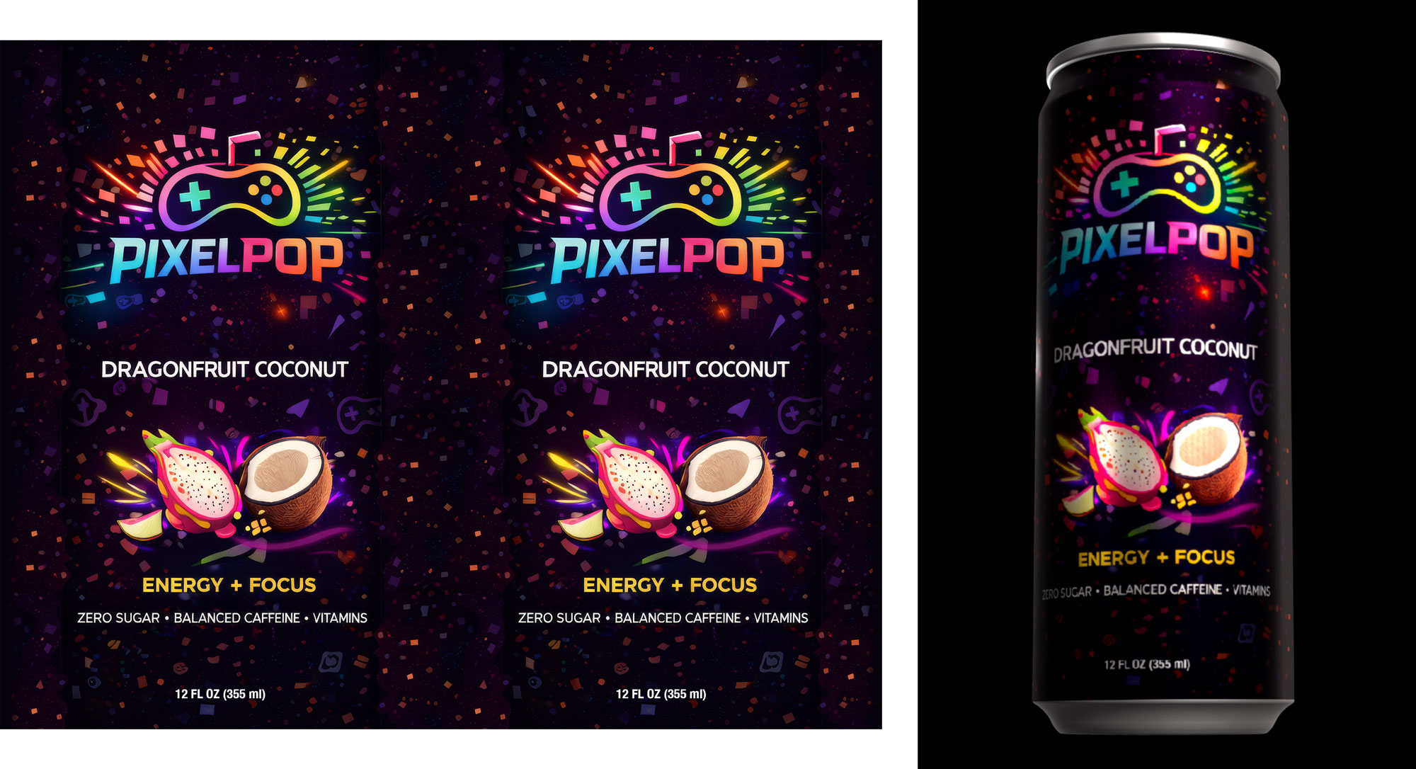 Visual showing a full-wrap can design next to the design mocked up on a 3D can model.
