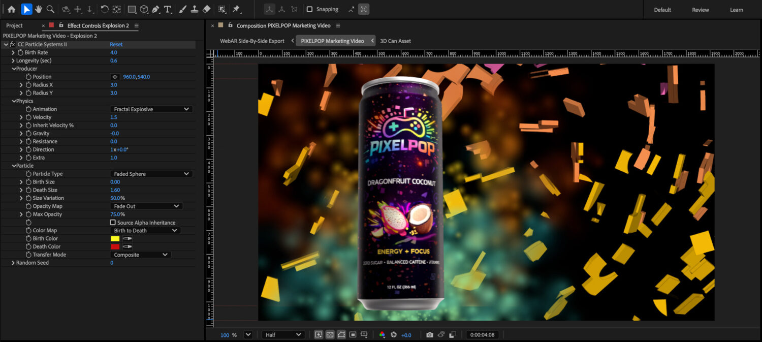 Screen capture of the After Effects Settings for an explosion using CC Particle Systems II.