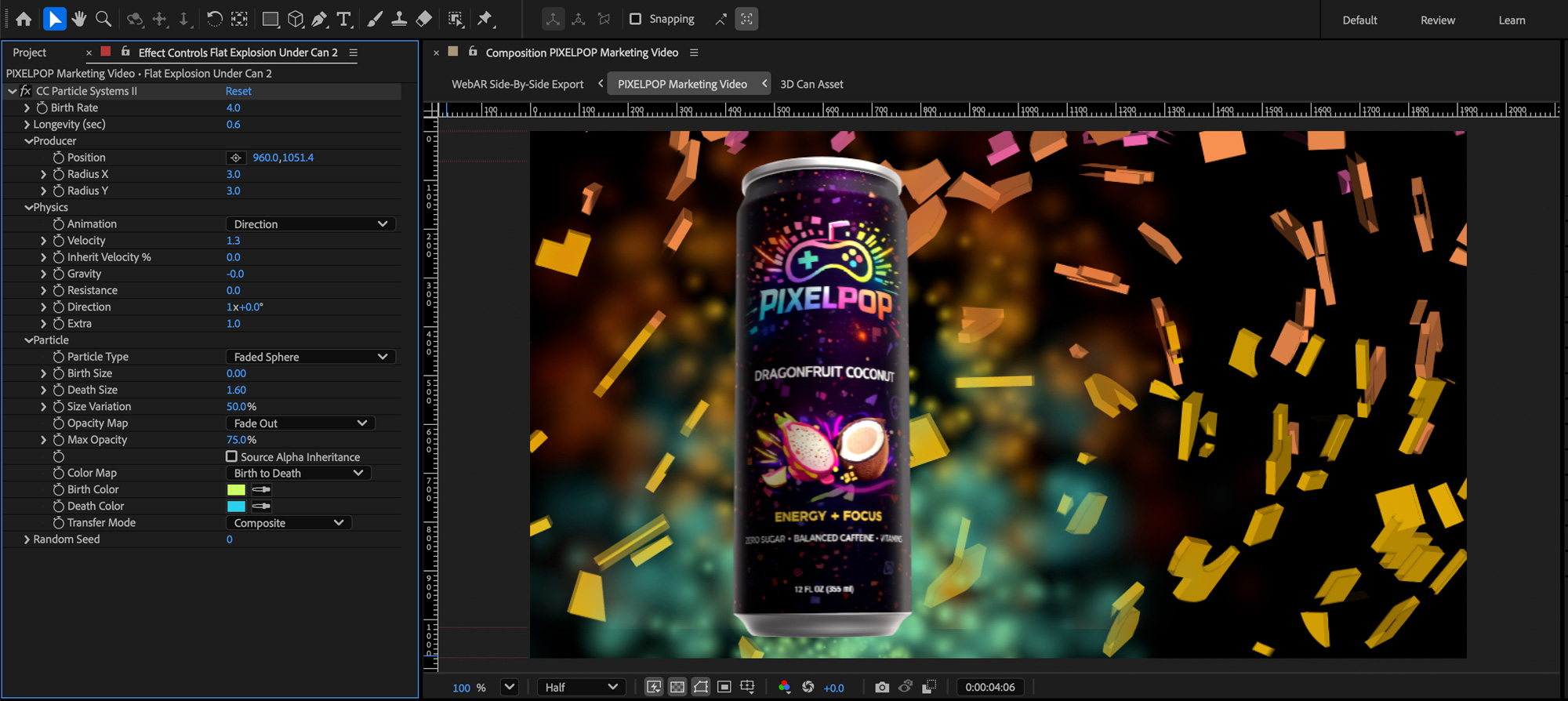 Screen capture of the After Effects Settings for an explosion using CC Particle Systems II under a can.