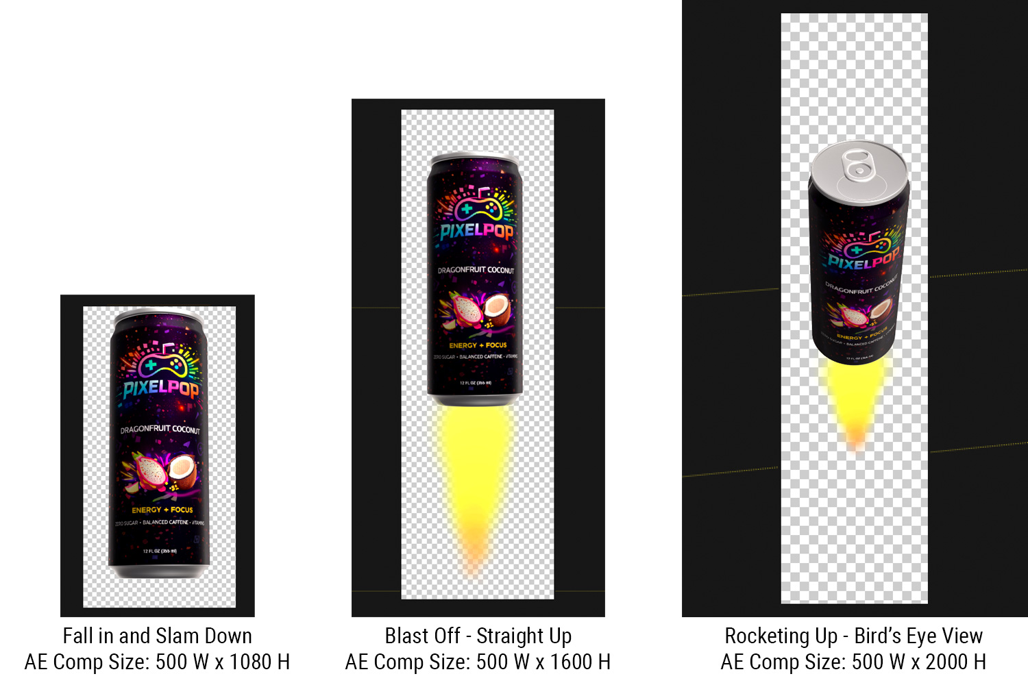 Visual showing screen captures of three different After Effects comps of a 3D can animated in different positions.