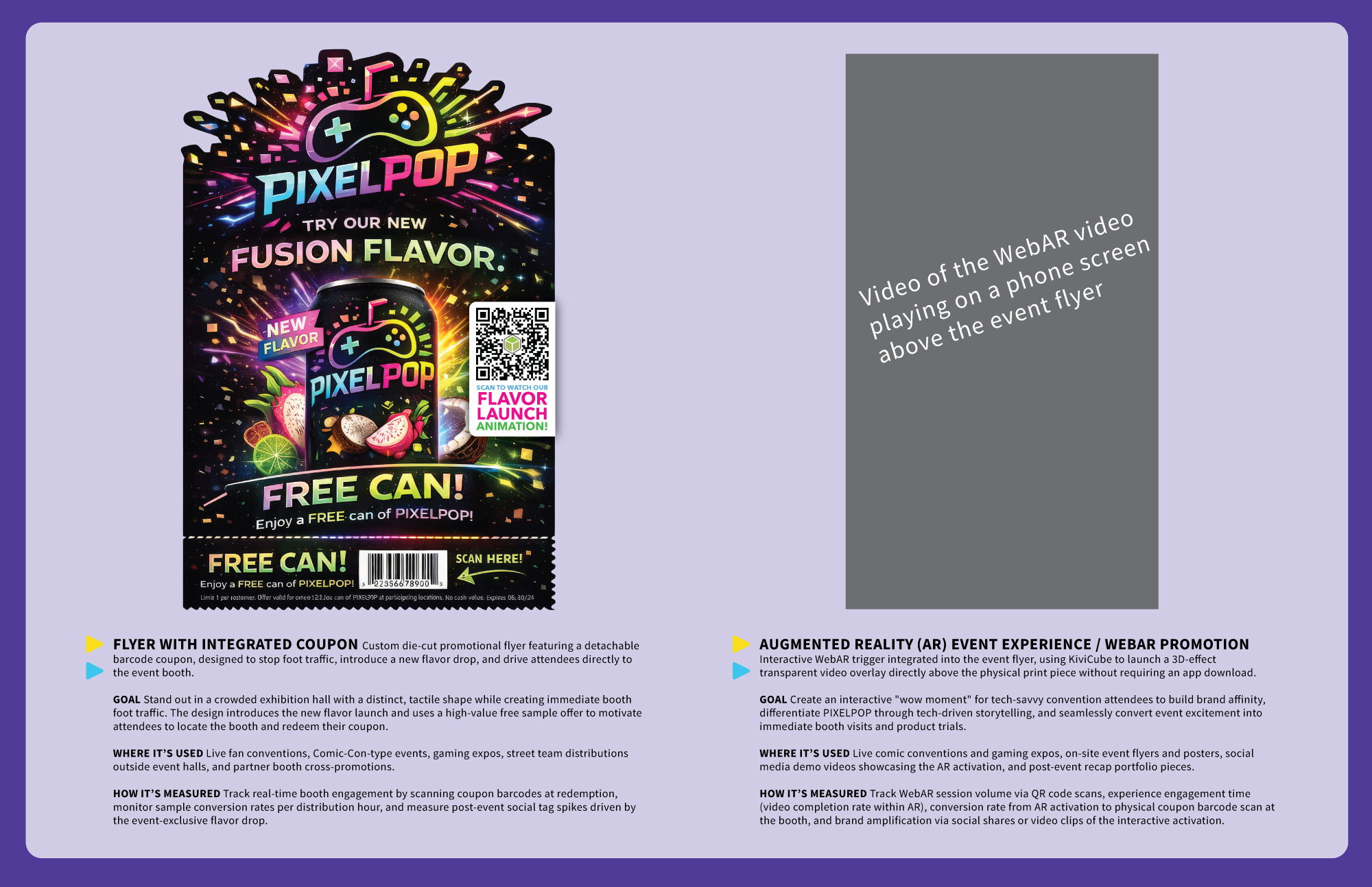 Example of a portfolio page for PIXELPOP beverages and all the marketing material designed for it.