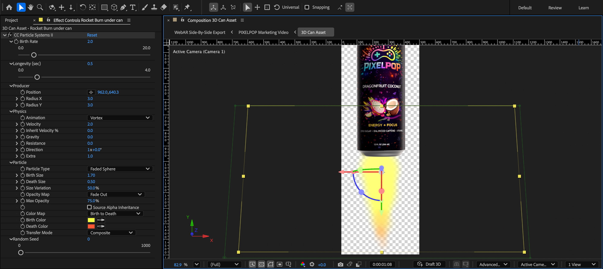 Screen capture of the After Effects Settings for a rocket burner using CC Particle Systems II.