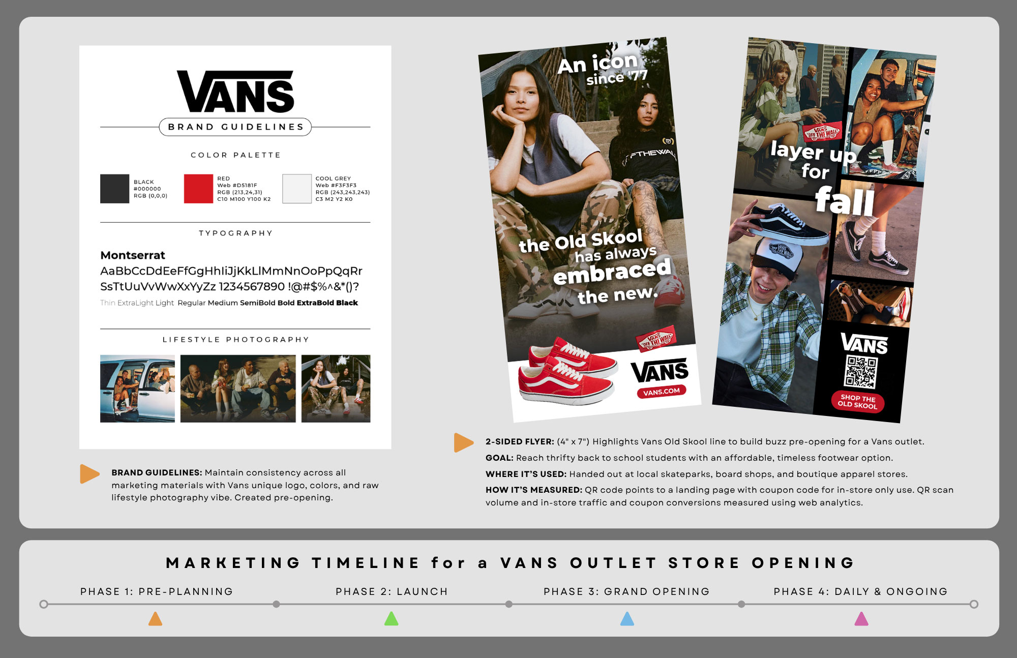 Example of a 2-page portfolio spread for Vans shoes and all the marketing material designed for it.