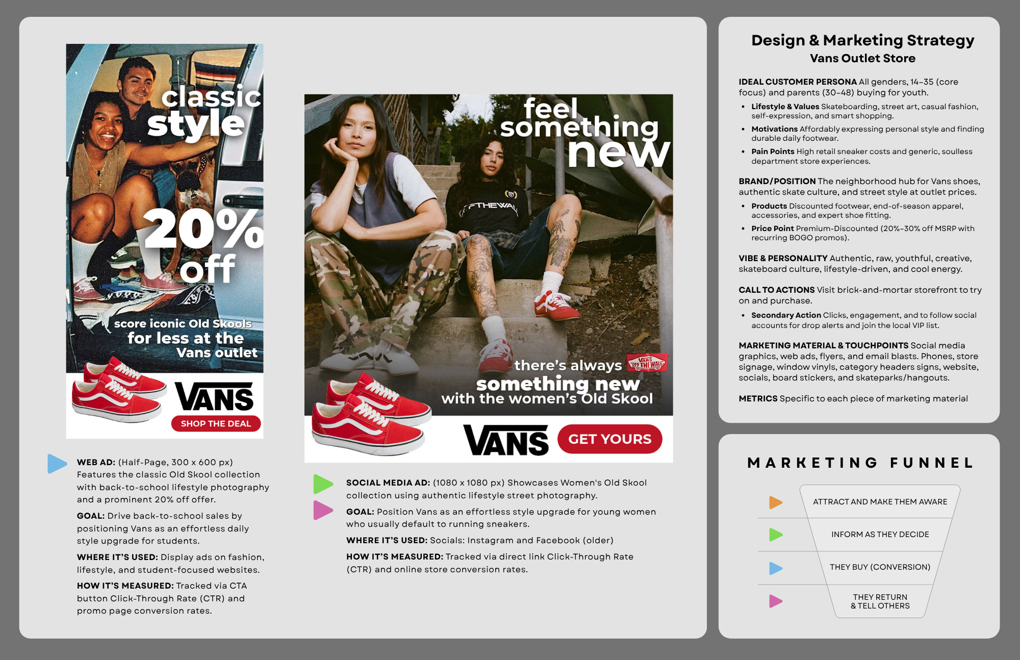 Example of a 2-page portfolio spread for Vans shoes and all the marketing material designed for it.