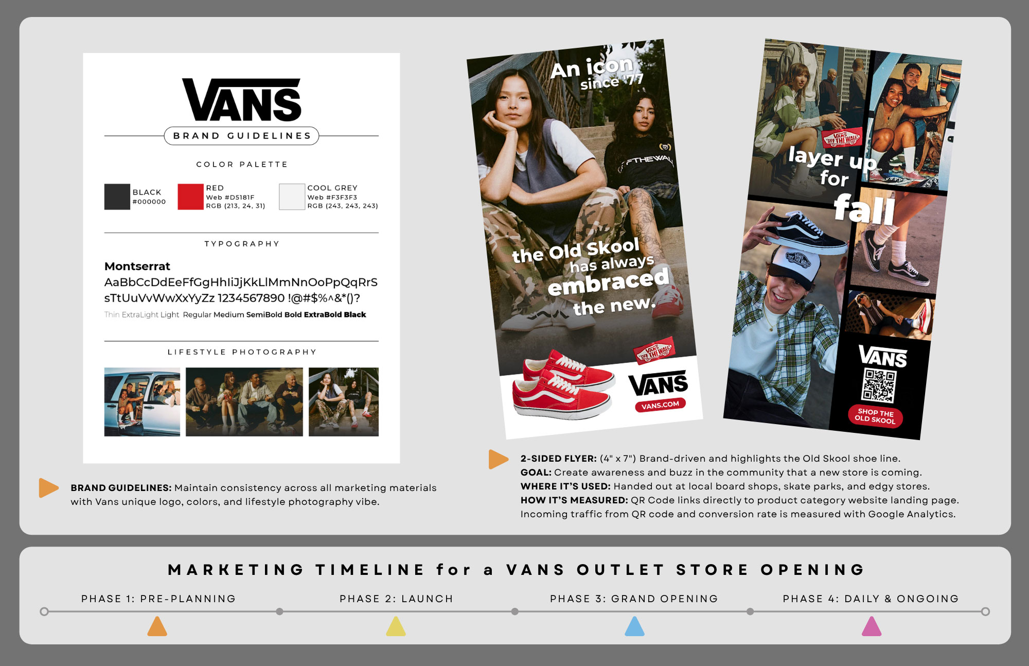 Example of a 2-page portfolio spread for Vans shoes and all the marketing material designed for it.