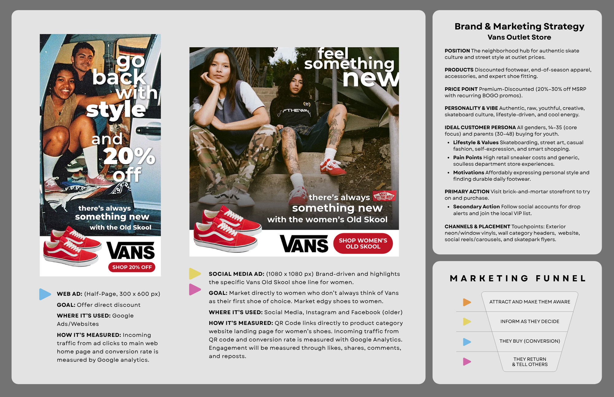 Example of a 2-page portfolio spread for Vans shoes and all the marketing material designed for it.