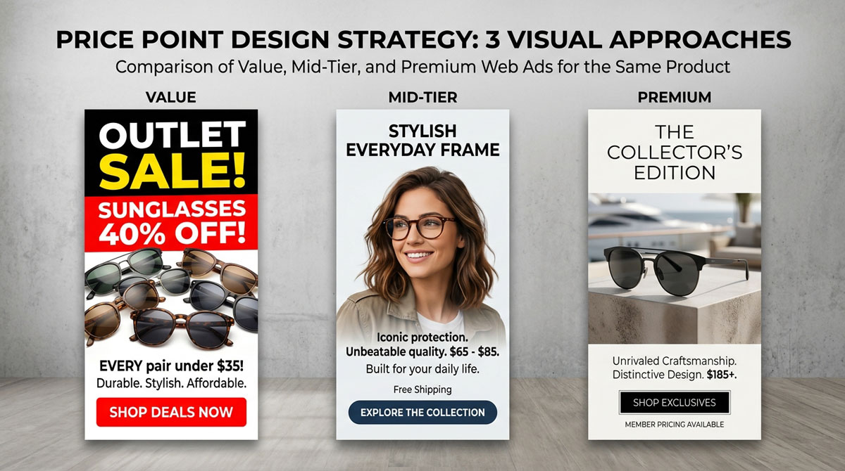 Mock-up infographic showing how a web ad design changes based on the seller's price point.