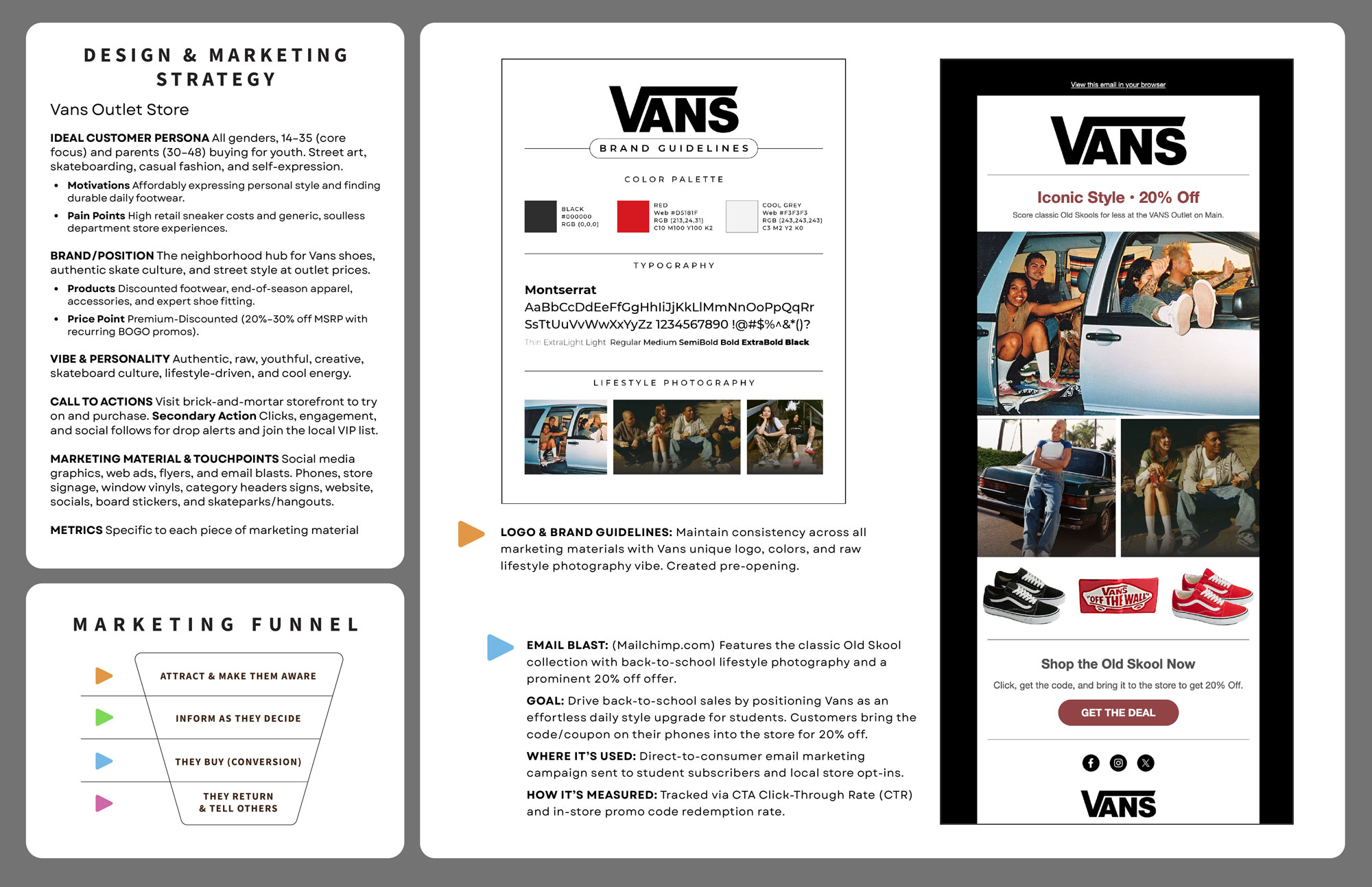 Example of a 2-page portfolio spread for Vans shoes and all the marketing material designed for it.