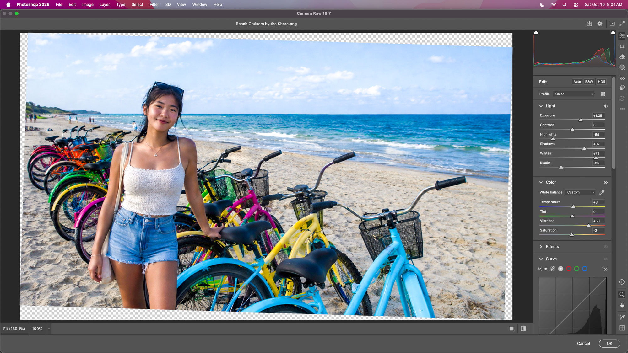 Screen capture showing a photo being color corrected in Adobe Camera Raw.