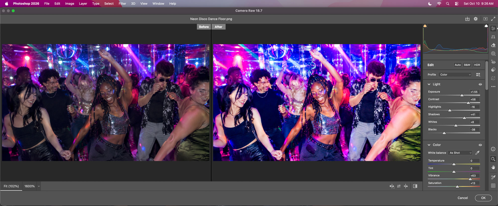 Before and after disco dancing photo that has been color corrected in Camera Raw.