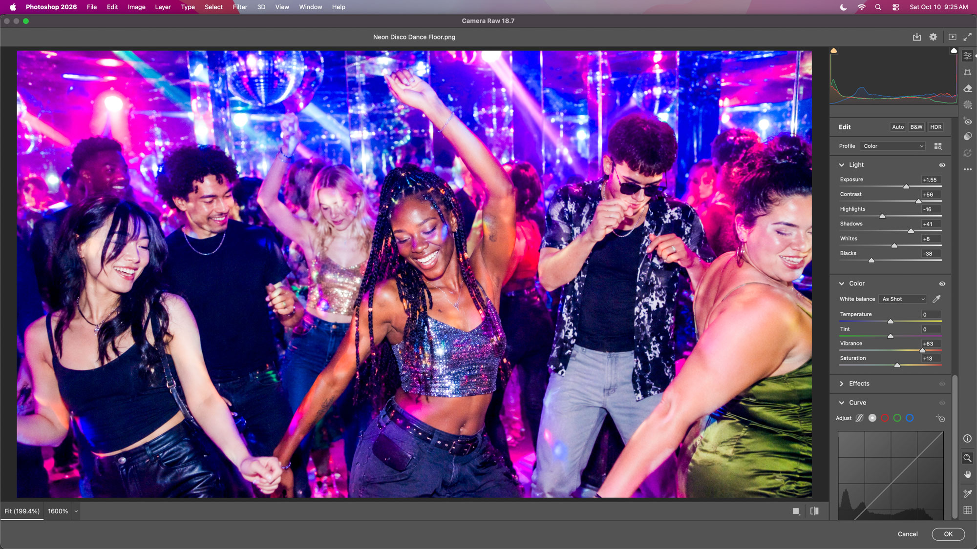 Disco dancing photo that has been color corrected in Camera Raw showing the settings.